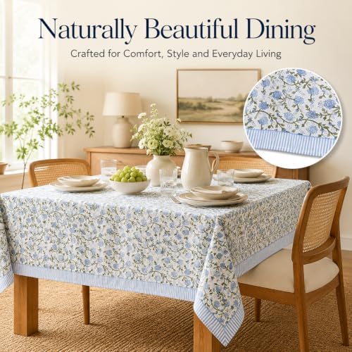Floral Rectangle Table cloth | 100% Cotton Hand Block Printed Thanksgiving Spring Table Cover| Dust Proof Wrinkle Resistant, for Dining , Kitchen, Festive, Parties, Weddings (Blue White, 72x120 inch) - Image 2