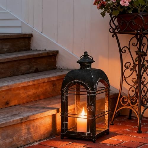 Vintage Farmhouse Metal Candle Lantern - 14 Inches Rustic Distressed Black Lanterns Indoor & Outdoor Decor Hanging Candle Holder Lantern for Garden Front Porch Patio Wedding Christmas (No Glass) - Image 6
