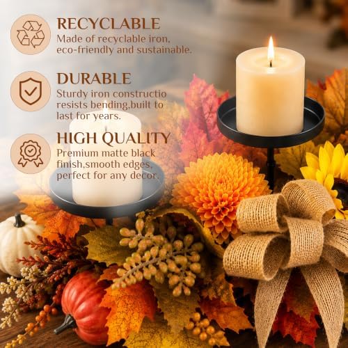 Fall Candle Holder Centerpiece for Table Decor with Maple Leaves Burlap Bow - Image 4