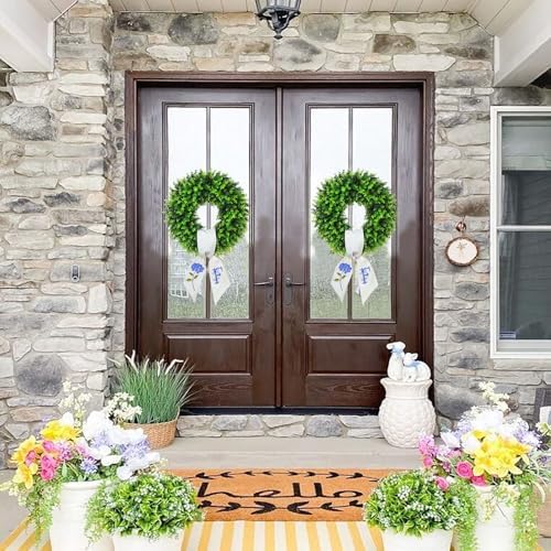 Boxwood Wreath for Front Door Spring Summer Wreaths Farmhouse Door Hanger,Last Name Year Round Porch Decor,20 inch Multi Occasion use Wreath with Personalized Monogram sash Embroidered -20 (F) - Image 4