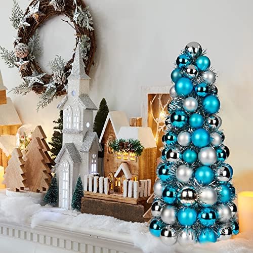 16" Small Christmas Tree, Mini Tabletop Xmas Tree with 94 Shatterproof Christmas Ornaments Balls for Christmas Decorations Holiday Party Centerpiece -Teal Silver - Image 4