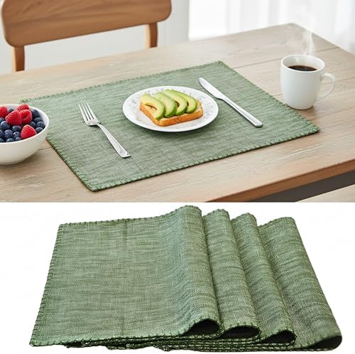 Dining Table Placemats with Decorative Stitched Edge Textured Cotton Kitchen Cloth Table Mats Machine Washable Woven Fabric Dinner Mats Washable Table Plate Mats Green 14”x20” Set of 4 by OveeshaHomeDecor