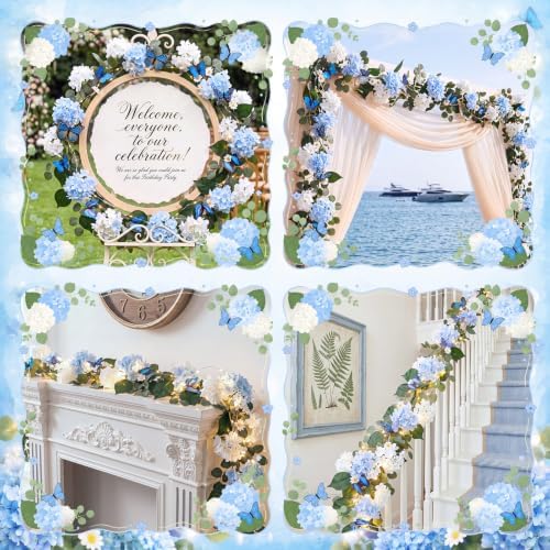 1 Pcs 6ft Artificial Hydrangea Floral Garland with Eucalyptus Leaves, Butterflies and Lights, Fake Flower Vines for Wedding Arch Wall Table Centerpiece Summer Party Decor(Blue and White) - Image 5
