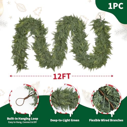 12FT Christmas Cedar Garland, Extra Full Greenery Garland with 1500 Cedar Pines, Real Touch Two-Tone Evergreen Garland for Mantle, Fireplace, Table, Stairs, Door, Porch, Indoor Outdoor Decorations - Image 2