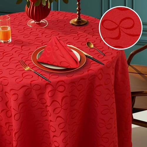 VOOVA & MOVAS Red Round Tablecloth 70" (Seat 4-6), Reusable Table Cloth for 5ft Circle Table, Polyester-Cotton, Washable, 1PC Celebration Holiday Tablecloth with Bow Jacquard by VOOVAMOVAS