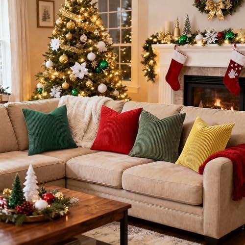 Mecatny Corduroy Throw Pillow Covers 26x26 Set of 2 Christmas Red - Image 4
