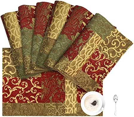 Loom and Mill Luxury Patchwork Damask Placemats Set of 6, Red Gold, 12x18in by LoomandMill