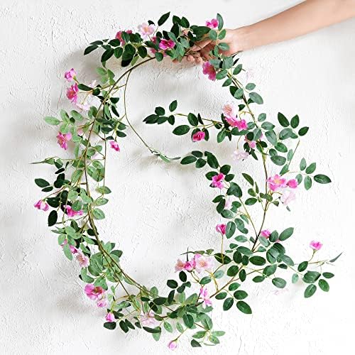 FiveSeasonStuff Fuchsia Pink Wild Rose Vine Garland, Two Faux Silk Floral Garlands with Greenery, Bendable Decorative Vines 12 ft Total - Image 5