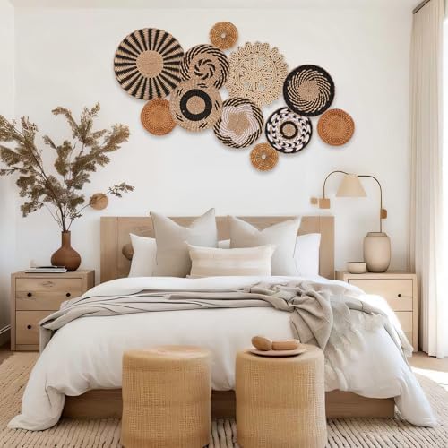Boho Wall Basket Decor Set of 11 - Hanging Woven Bulrush Basket Wall Decor, Handcrafted Round Flat Baskets Wall Art, for Rustic Farmhouse、Home - Unique Rattan Wicker Wall Decor（Black Retro） - Image 6