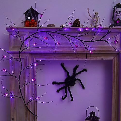 2026 Halloween Decor Lights 6.5 Ft 54 LED Willow Vine Twig with Timer Battery Operated Garland Light 18 LED Spiders and 36 Purple Lights Halloween Party Scary Decoration for Home Wall Fireplace - Image 6