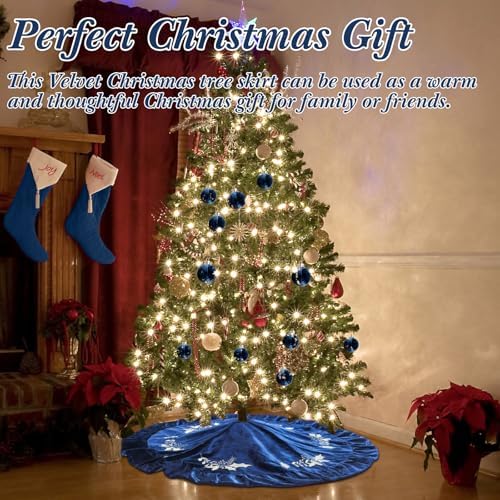 Christmas Tree Skirt, 48 Inches, Gold Embroidered Holly Style, Navy Blue - Image 6