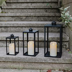 HPC Decor Black Metal Candle Lanterns Set of 3- Lanterns Decorative w/Flickering Timer Candles- 16.5'' 13'' 10'' Chunky Large Modern Farmhouse Candle Lanterns for Indoor, Outdoor, Tabletop (No Glass) - Image 2