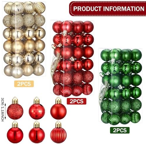 Shappy 216 Pcs Mini Christmas Ball Ornament 1.18 Inch,Red, Green, Gold - Image 2