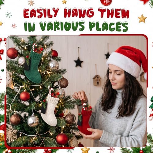 Zubebe 12 Pcs Christmas Mini Stockings Knitted Stocking, White Red Green - Image 5