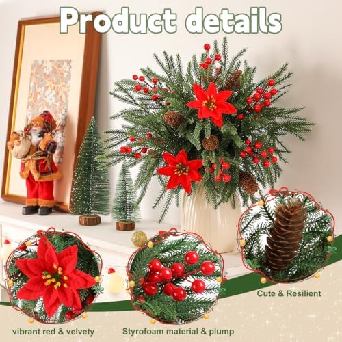 30PCS Christmas Real Touch Norfolk Pine Stems with Pinecones Berry Stems - Image 5