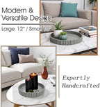 Modern Table Round Decorative Trays 2pcs Home Decor - Circle Coffee Table Centerpiece Set 12"/10" - Wooden Cool Grey Ottoman Tray with Fluted Edge - Image 4