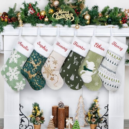 GEXWORLDWIDE GEX New Personalized Christmas Stockings 6 Pack Embroidery Custom Name for Family 20" Large Farmhouse Stockings Green Plush Felt Sequins Fireplace Decorations Hanging Ornament (6 Pack) by GEXWorldwide