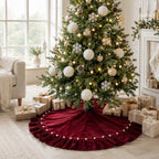 WineRed Velvet Christmas Tree Skirt with Ruffled Edge and Faux Pearl, 60 Inches Rustic Vintage Xmas Tree Skirt for Party Decorations - Image 3