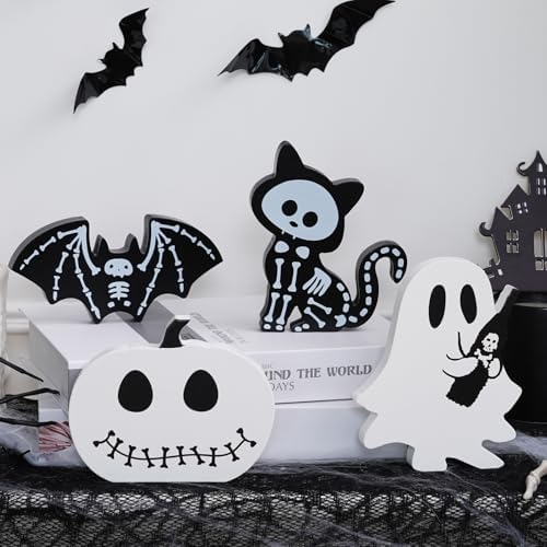 4PCS Halloween Decorations Indoor, Halloween Tiered Tray Decor Table Sign, Halloween Wooden Signs Ghost Bat Pumpkin Cat Blocks Signs, Table Decor Halloween Party Decorations for Mantle Home Shelf by CYSKXYI
