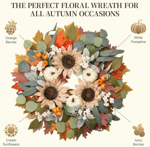 zjlmit 22" Fall Wreaths for Front Door with Pumpkin Sunflower Maple Leaf - Image 6