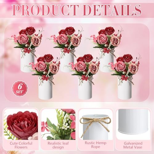 Domensi 6 Sets Wedding Centerpiece for Table Decoration Burgundy&Dusty Pink&Creamy Artificial Fake Rose Flower with Metal Vase Faux Silk Rose Bouquet Floral Arrangement for Bridal Shower Home Dining - Image 3