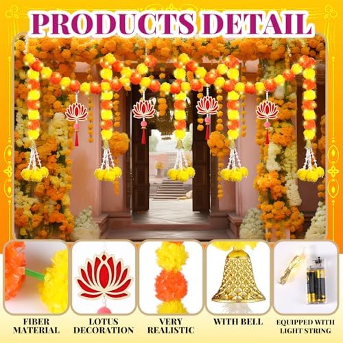 11 Pcs Diwali Decoration 5 Pcs 4.92 ft Marigold Garland Decoration with String Light 6 Lotus Hanging Ornament Indian Decor for Pooja Artificial Marigold Garlands for Wedding Home Temple Party Decor - Image 3