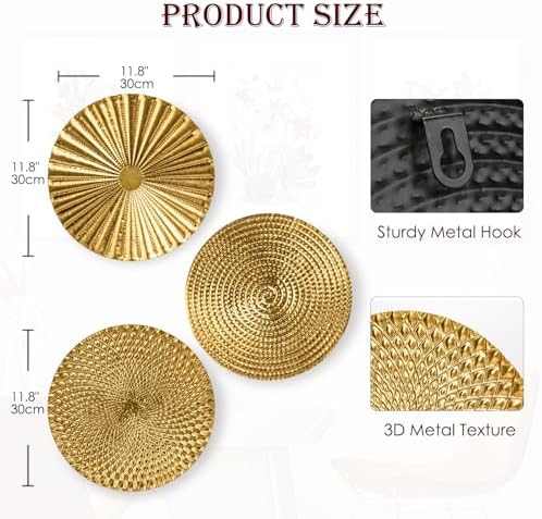 Briful 12" Gold Wall Décor Pack of 3 Metal Starbursts Radial Plate Wall Art Modern Accent Hanging Wall Decorations For Home Office Bedroom Or Living Room Wall Sculptures - Image 2