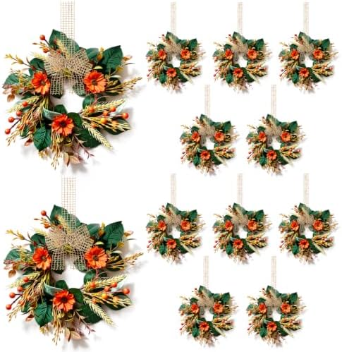 12 PCS 9" Mini Fall Wreaths for Kitchen Cabinets Fall Wreaths for Front Door with Sunflowers Wheat Stalks & Orange Berries Harvest Thanksgiving Floral for Farmhouse Home Wall Window Festival Decor by EYNDYN