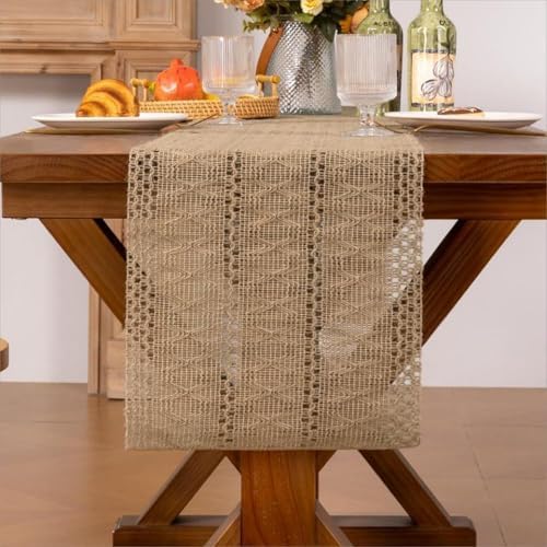 Niviy Burlap Boho Table Runner for Spring Home Decor 132 Inches Long, Modern Farmhouse Decor Rustic Macrame Woven Coffee Table Runners for Summer Dining Table Decoration, Burlap Brown - Image 4