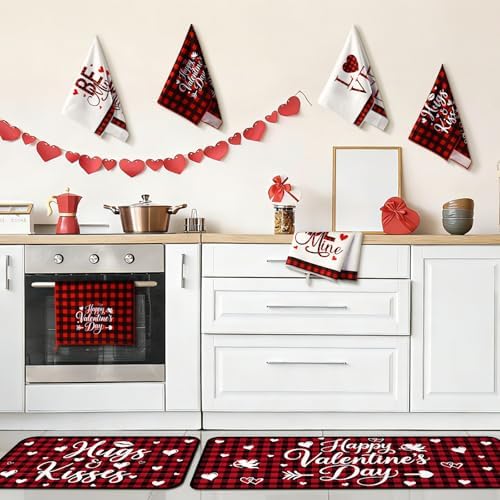 VitalCozy 10 Pcs Valentine's Day Buffalo Plaid Kitchen Decor Set Oven Mitts and Pot Holders Heart Kitchen Towels and Rugs for Chef Baking Cooking Grilling BBQ Gift - Image 2
