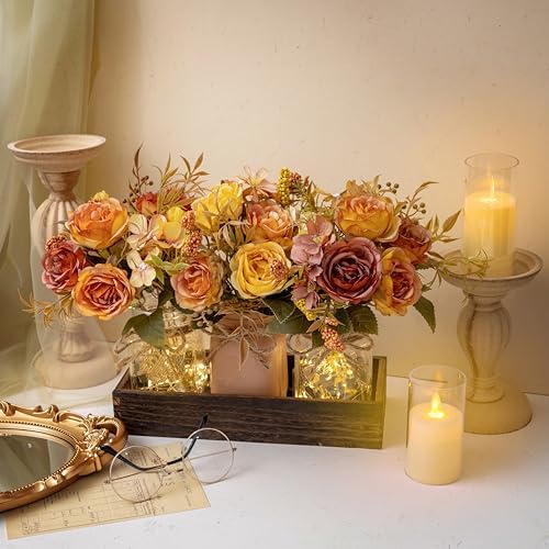 LUEUR Fall Mason Jar Centerpiece Set of 3 with Rustic Wood Tray-Orange Rose - Image 4