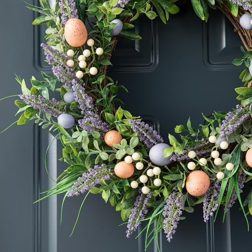 Glitzhome 22" D Easter Wreath with Artificial Easter Eggs Berries and Lavender for Front Door Wall Decor, Spring Easter Garland with Colored Eggs Berries Holiday Decoration - Image 5
