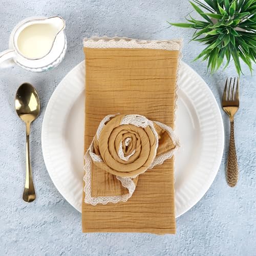 FINGERCRAFT Lace Cloth Napkin, Cotton Gauze, Set of 12, 20x20 in,Gold by FINGERCRAFT