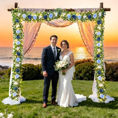 Livole 2Pcs 12 Ft Flower Garland with Light, Blue Peony Floral Garland - Image 2