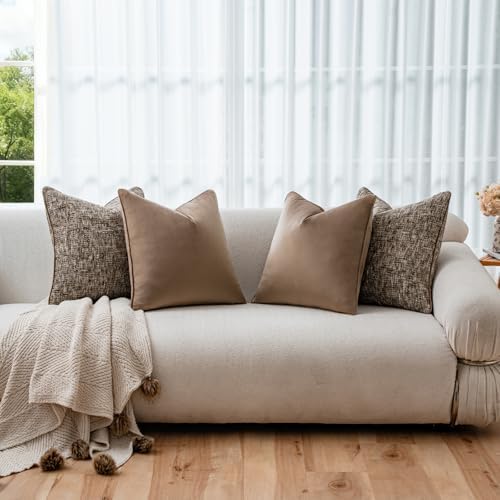 a moment Brown 4 Pack Throw Pillow Covers - Chenille & Velvet Set with Piping, Farmhouse Textured Design Pillow Cases for Couch Sofa Bed Livingroom (22x22 Inch, No Insert) - Image 4