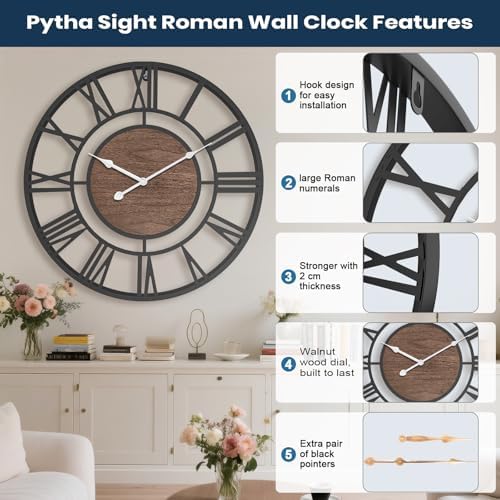 Pytha Sight 16 Inch Roman Numerals Large Wall Clocks for Living Room Decor - Image 2
