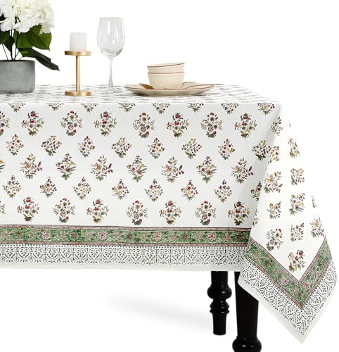 CPC Fall Green Block Print 100% Cotton Rectangle Tablecloth 72x140 Inch by COTTONPRINTCLUB