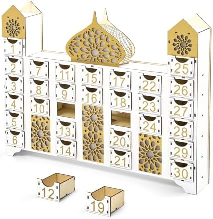 Wooden Ramadan Countdown Calendar, Eid Mubarak Advent Calendar with Drawer, Mosque Shaped Fillable Muslim Ramadan Decoration for Home Holiday Tabletop Decor Gift Party Supply - Image 2