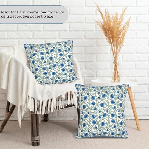 Ridhi Block Print Queen Blue Pillow Cover 18" x 18" (Pack of 2) Decorative Couch Pillows for Living Room, Farmhouse Chic Boho Cute Outdoor Pillows Covers Gifts for Spring, Mother's Day - Image 2