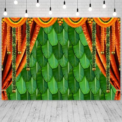 15x8ft India Pooja Backdrop Puja Ganpati Green Banana Leaf Mehndi Festival Photography Background Diwali Hindu Wedding Party Banner Decorations Photo Studio Props - Image 3