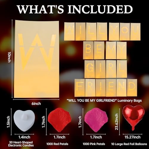 Will You Be My Girlfriend Decorations – Valentine’s Day Surprise Set with Light Up Letters, 30 Tea Light Candles, 2000 Rose Petals, 10 Balloons – Luminary Bags for Romantic Setup - Image 2