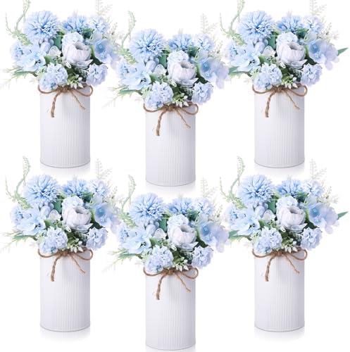 Domensi 6 Sets Wedding Centerpiece for Table Decoration Light Blue Artificial Fake Rose Flower with Metal Vase Faux Silk Rose Bouquet Floral Arrangement for Bridal Shower Home Dining by Domensi