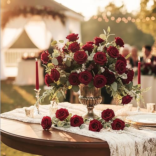 Auihiay 60PCS Burgundy Artificial Roses Bulk, Velvet Silk Fake Roses - Image 6
