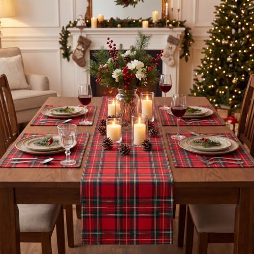 7 Pcs Christmas Tartan Plaid Table Runner and Placemat Set, Red by Unknown