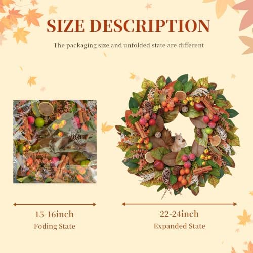 Fall Wreaths for Front Door 24 Inch Harvest Thanksgiving Autumn Wreath - Image 3