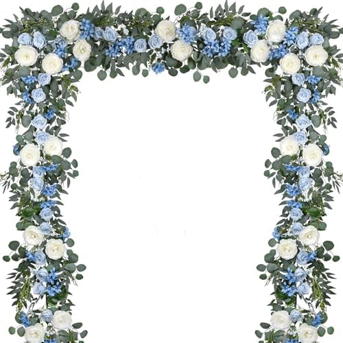 DearHouse 2Pcs Artificial Peony Flower Garland and - Silk Peony Garland with Flowers and Eucalyptus for Wedding Party Table Decoration,6ft/Strand (Blue) by DearHouse