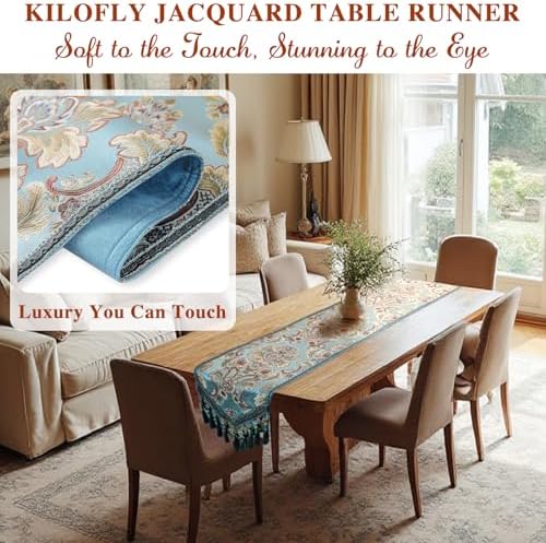kilofly Elegant Floral Brocade Jacquard Table Runner Tassels (96 x 12 inches) - Image 5