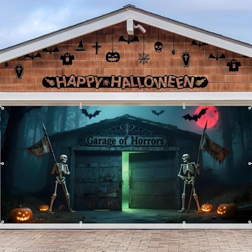 7x16ft Halloween Garage Door Banner Decoration Red Moon Skeleton Misty Haunted Forest Halloween Garage Door Cover for 2 Car Large Horror Covers Decorations for Party Outdoor Decor by Lexfvpoo