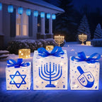 Domkom Set of 3 Hanukkah Lighted Gift Boxes,60 Led Light Up Present Box Decorations with Dreidel Menorah, White and Blue Chanukah Gift Boxes for Christmas Tree Indoor Outdoor Holiday Decor - Image 6