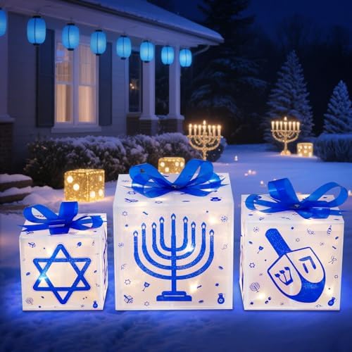 Domkom Set of 3 Hanukkah Lighted Gift Boxes,60 Led Light Up Present Box Decorations with Dreidel Menorah, White and Blue Chanukah Gift Boxes for Christmas Tree Indoor Outdoor Holiday Decor - Image 6